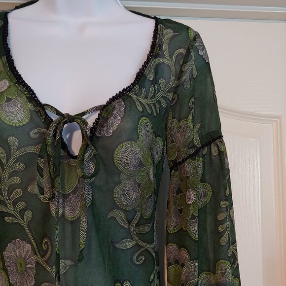 Ing Y2K Boho Sheer Floral Green Flowy Long Puff Sleeve Top M Hippie - Picture 3 of 14